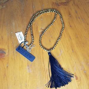 NWT J Crew Factory Gold Faceted Beaded Black Tassel Necklace